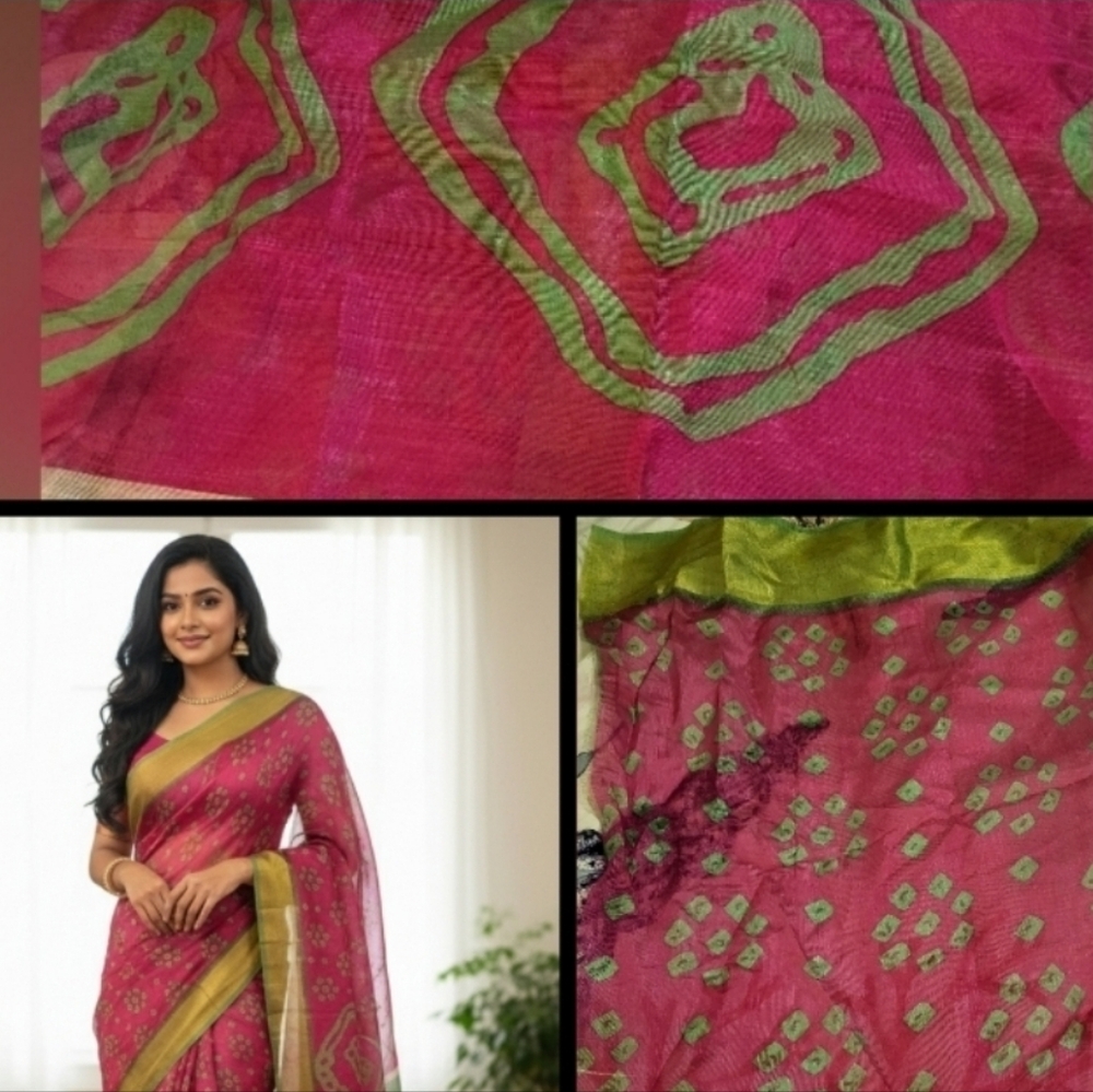 Saree Pink Green Print 1.7 Yard Fabric